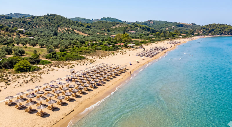 Aerial view of Banana Beach in Zakynthos with golden sand and turquoise water
