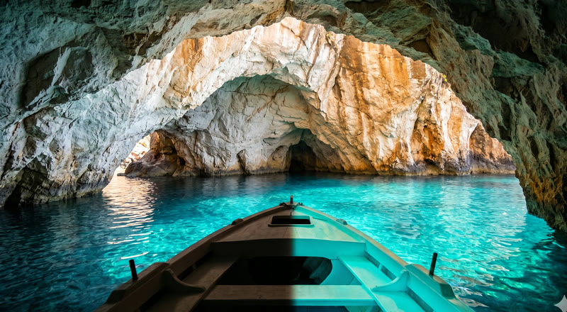Wooden boat inside a Keri blue sea cave glowing turquoise